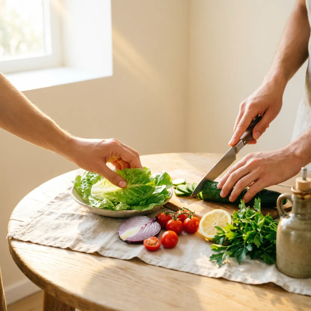 A couple's hands preparing fresh vegetables together on a wooden table in a sun-drenched kitchen with sage green and terracotta accents