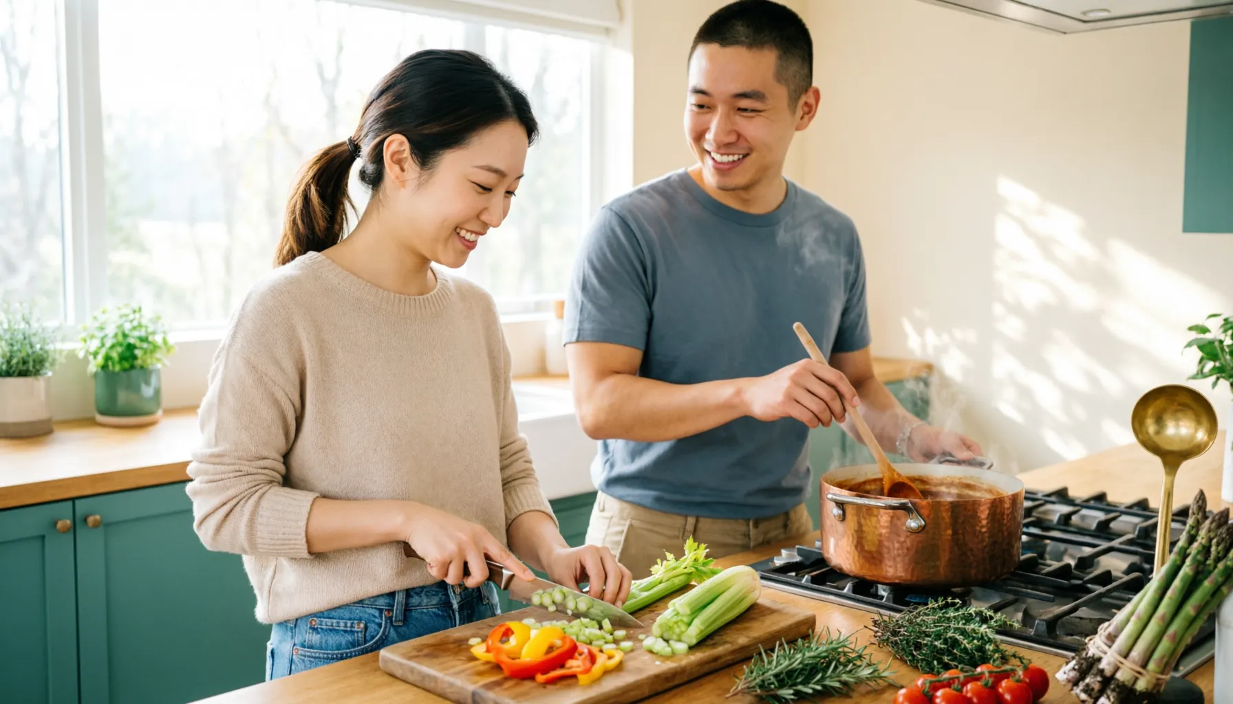 A happy couple cooking together in a bright modern kitchen with sage green accents and warm morning light