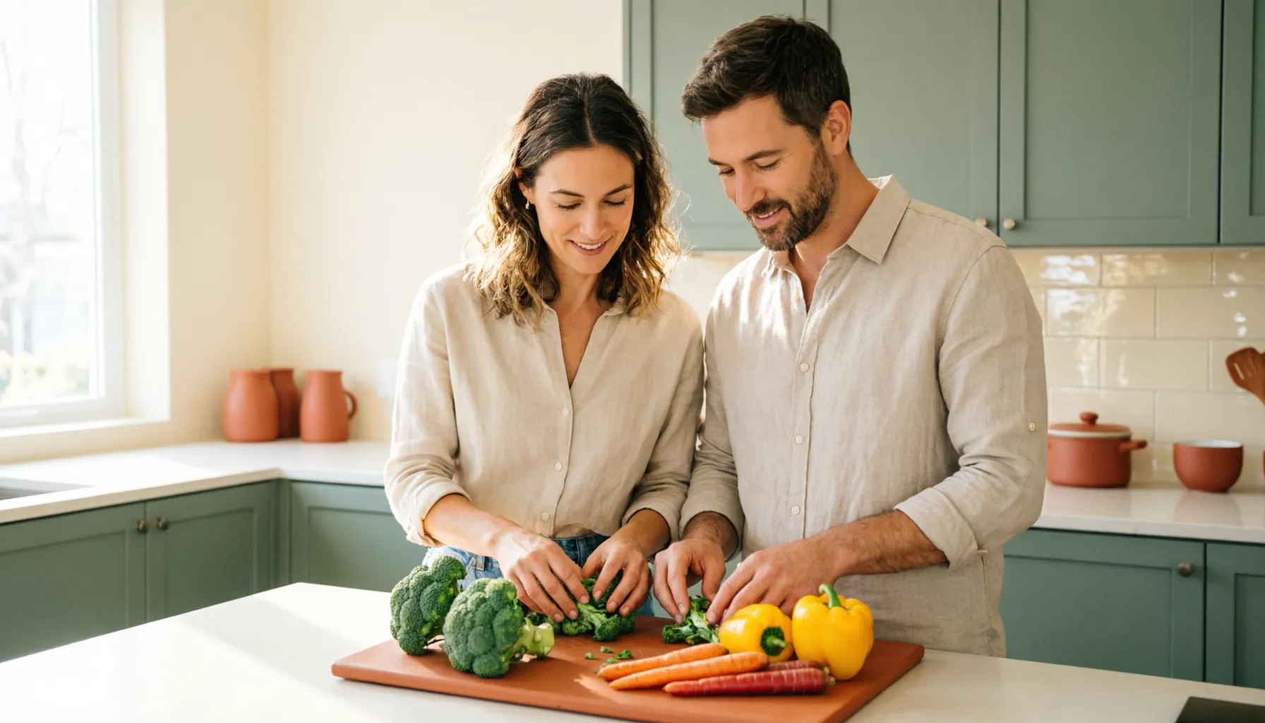 A couple standing together in a sun-drenched modern kitchen, preparing fresh vegetables on a terracotta cutting board