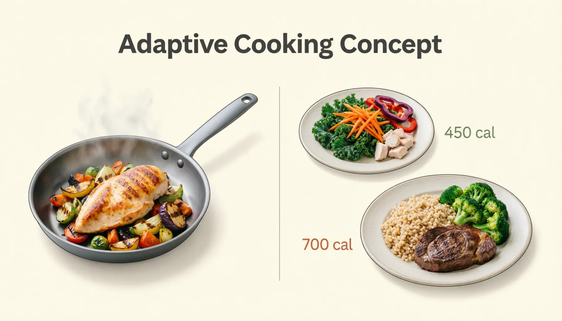 Adaptive cooking illustration showing one pan split into two distinct plates
