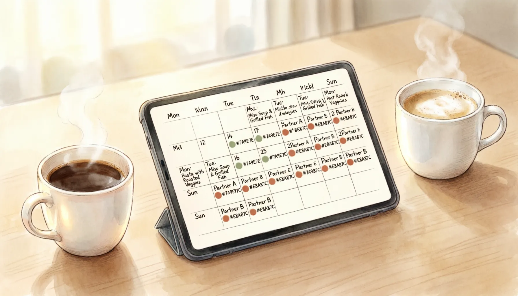 Shared weekly meal calendar on tablet with sage green and terracotta dots for each partner, coffee cups nearby