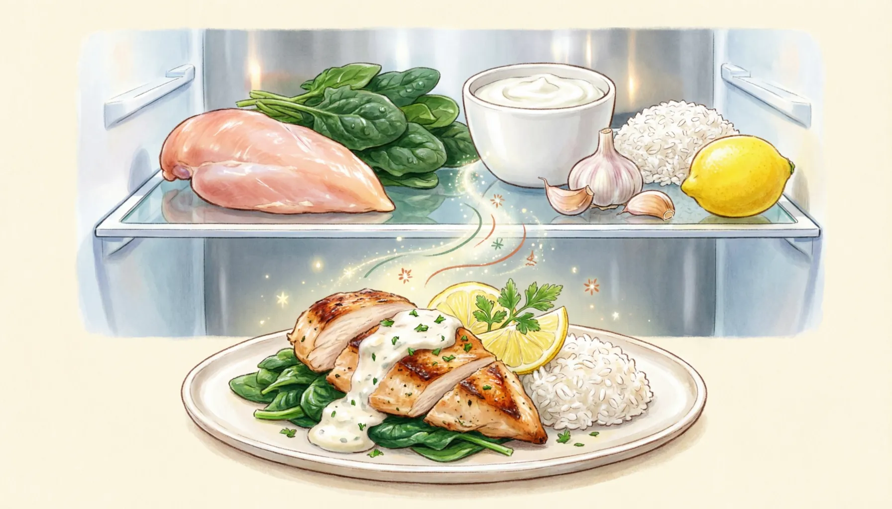 Split-screen illustration: open refrigerator with ingredients above, beautifully plated meal below, connected by AI sparkle effect