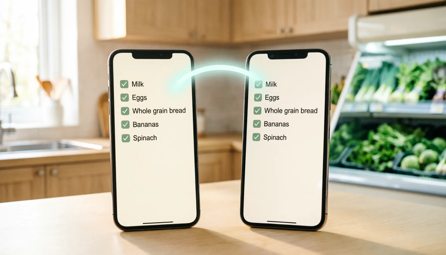 Two smartphones side by side showing real-time shared grocery list sync with green checkmarks